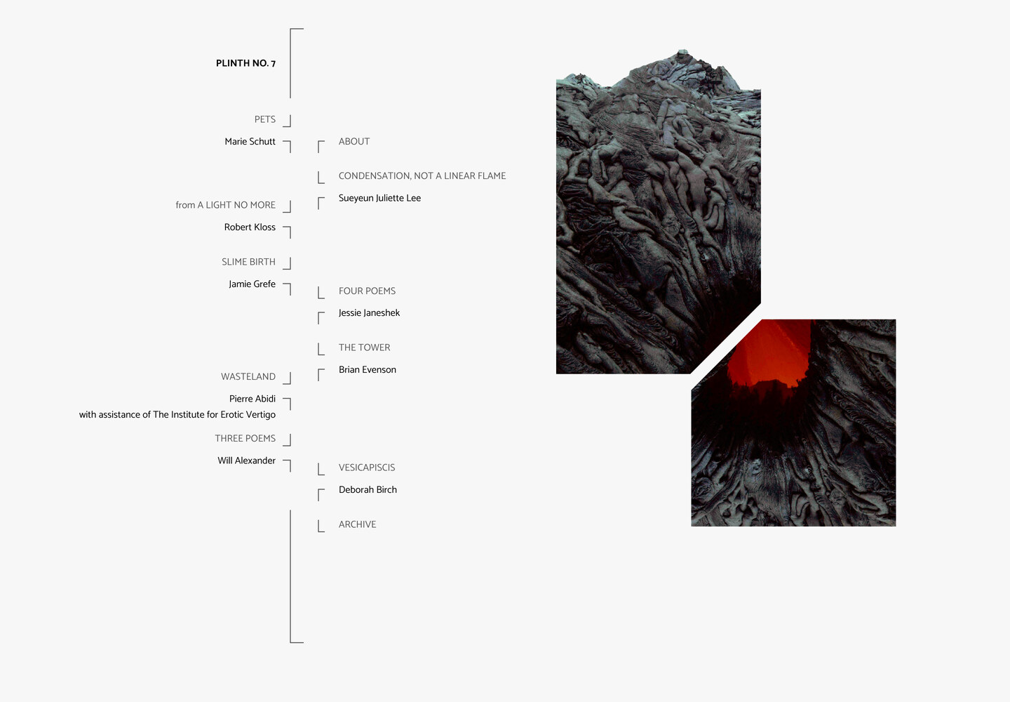 Plinth issue 07 contents page: piece titles and author names on bracket rules, beside a photograph of black volcanic rock lit from within by red