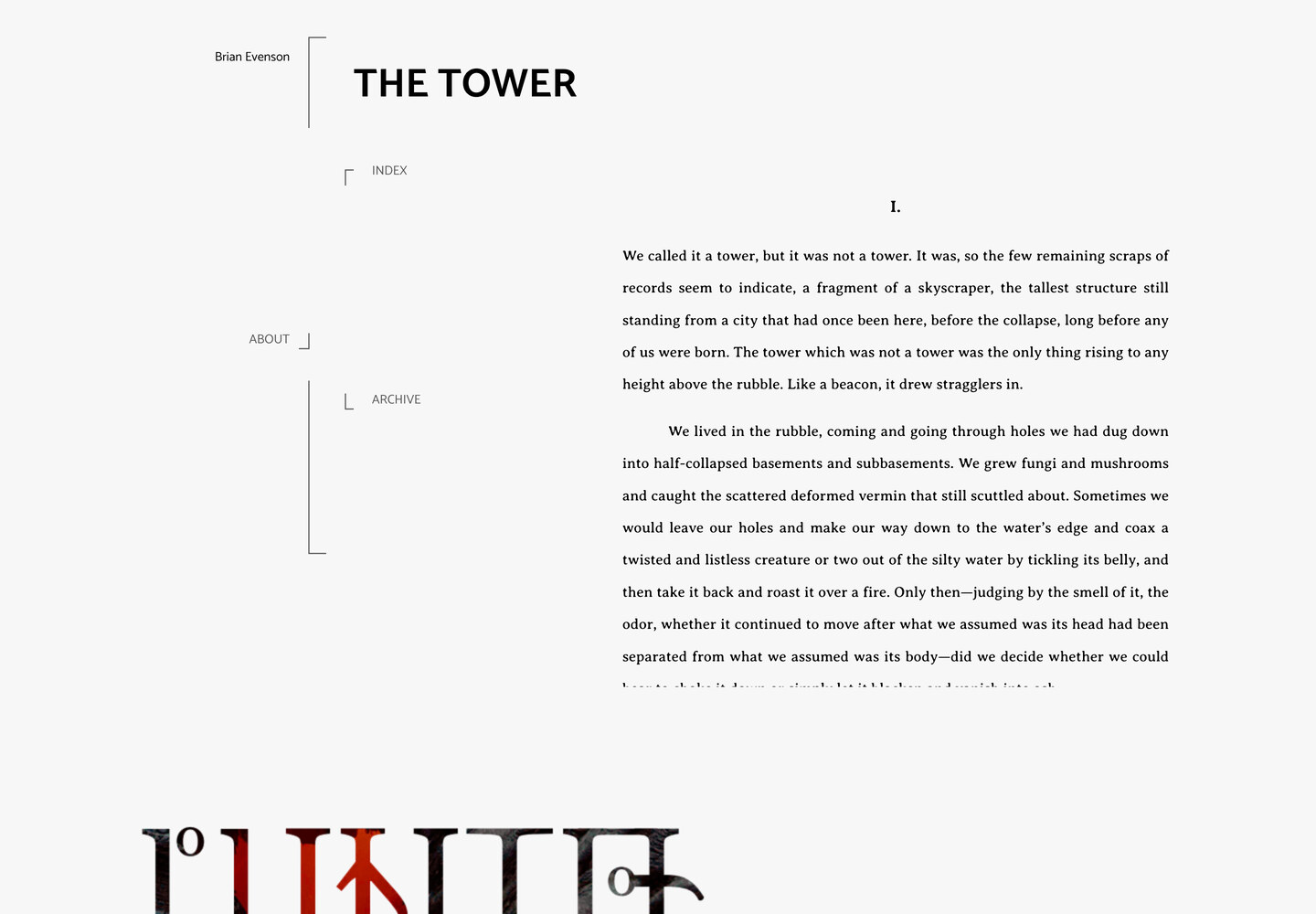 Reading page for Brian Evenson’s The Tower: justified prose in a single measured column, with issue 07’s bracket-rule navigation at the left and a large multicolour wordmark below