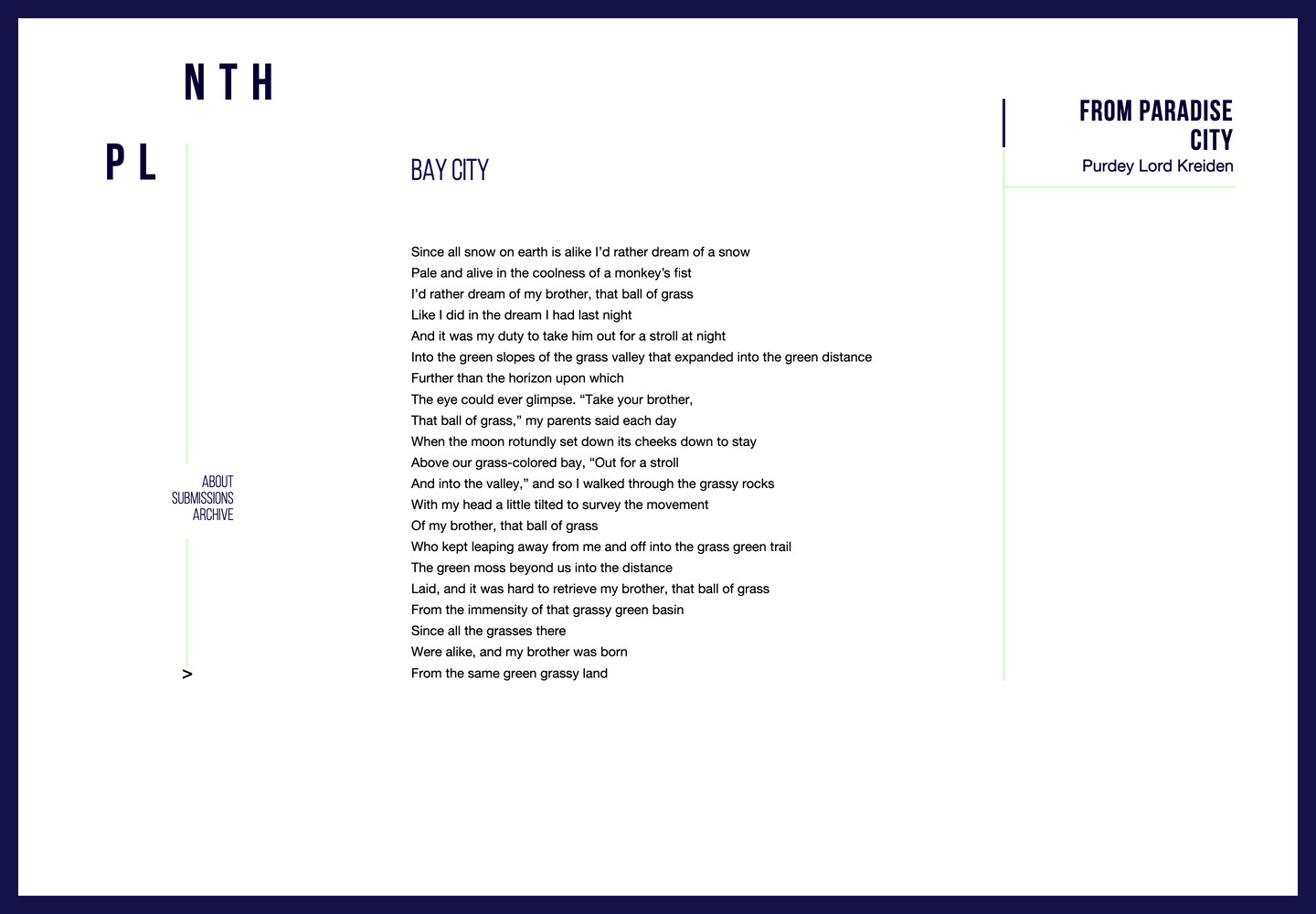 Reading page for Purdey Lord Kreiden’s from Paradise City: a narrow left-aligned poem column on issue 04’s mint hairline grid inside a navy border, with the title block set in condensed capitals