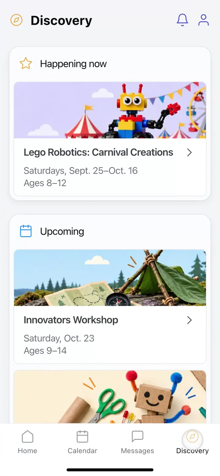Discovery program cards on a phone for Lego Robotics and Inventors Club, each with dates and ages