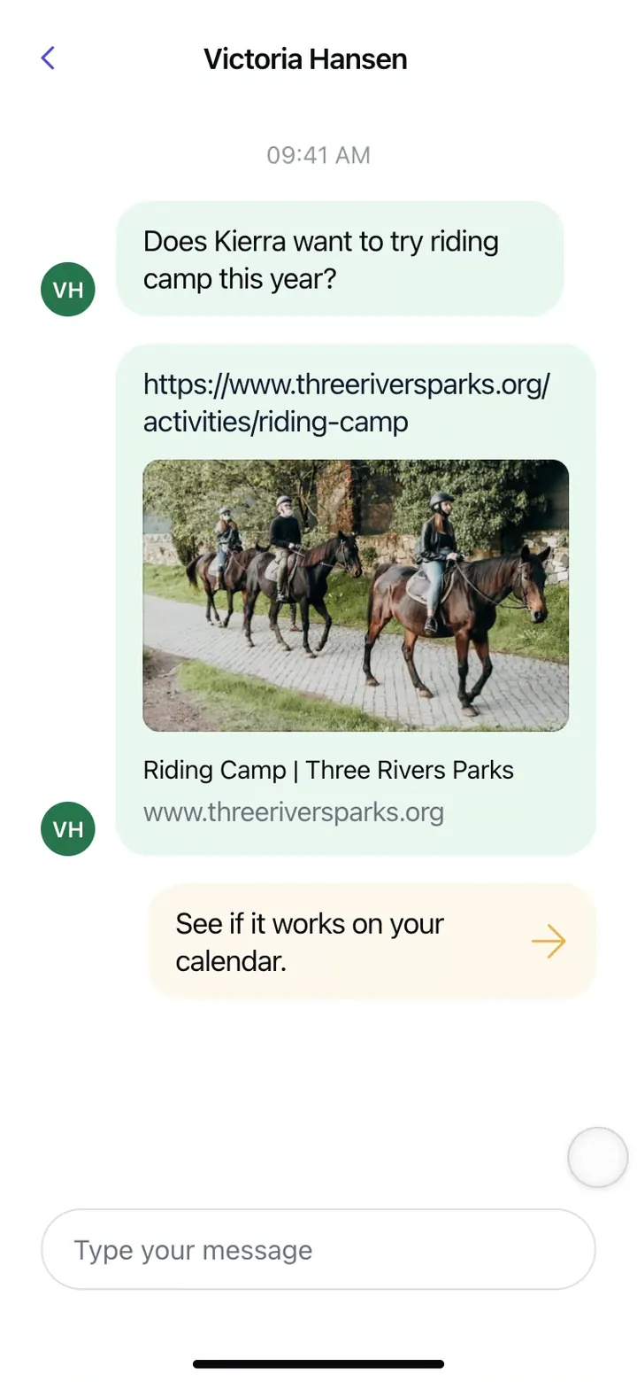 Message thread on a phone with a riding camp link and a prompt to check it against the calendar