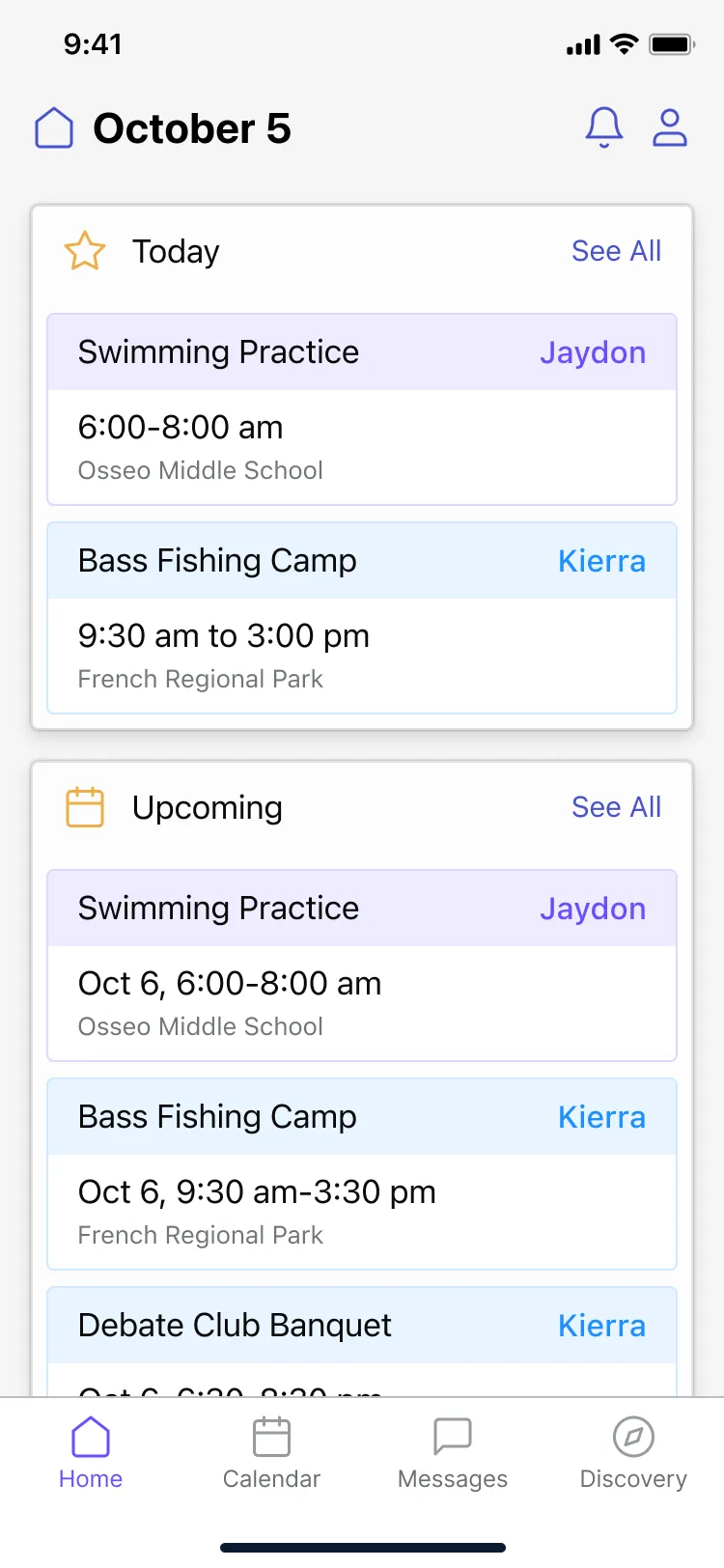 Activity Central home on a phone for October 5, with today's swim practice and fishing camp above the upcoming week