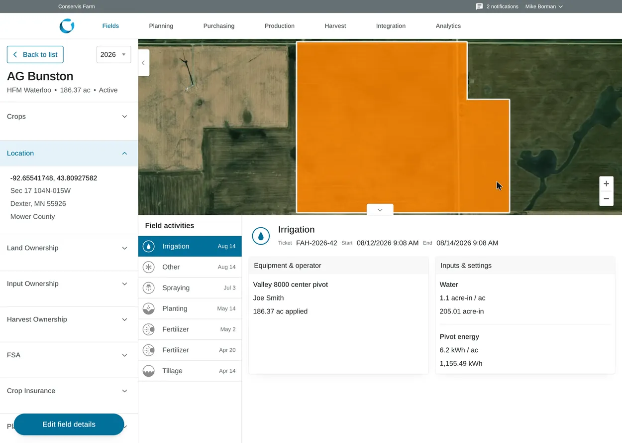 Conservis field detail for AG Bunston, with its irrigation activity and record sections beside a map fitted to the field