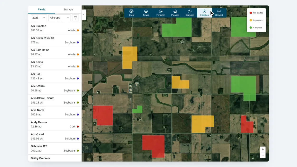 Conservis satellite map leaving AG Bunston's field detail for the full field list, its boundaries colored by crop and then by irrigation status