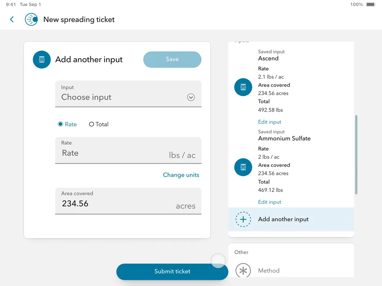 Conservis tablet spreading ticket with two saved inputs listed in the summary rail beside a fresh input form
