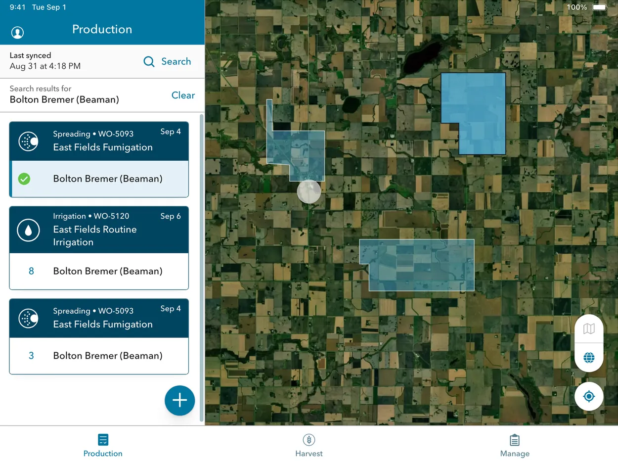 Conservis tablet production list beside a satellite map, with assigned work orders grouped by field