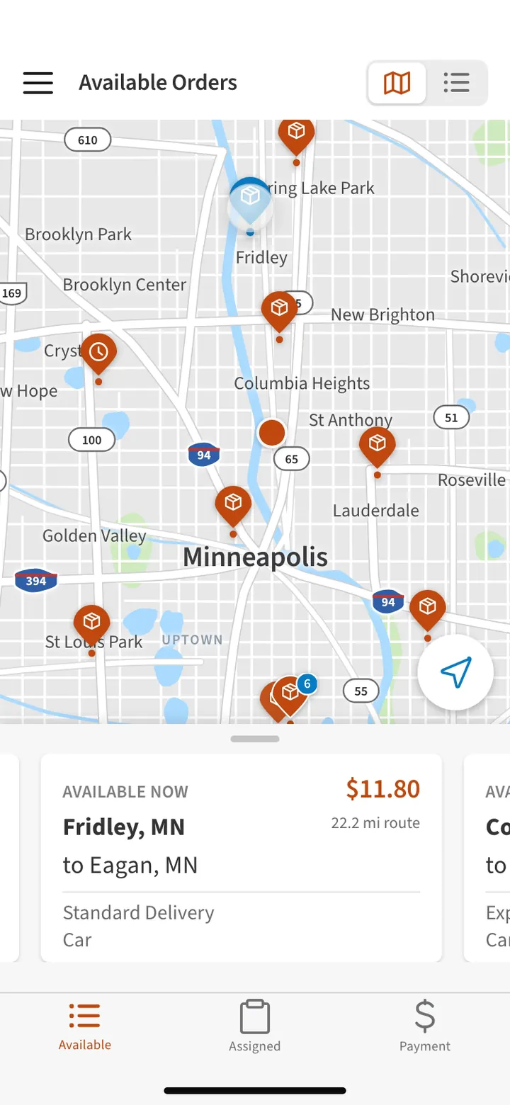 Dispatch map of the Twin Cities with order pins from Brooklyn Center down to Minneapolis