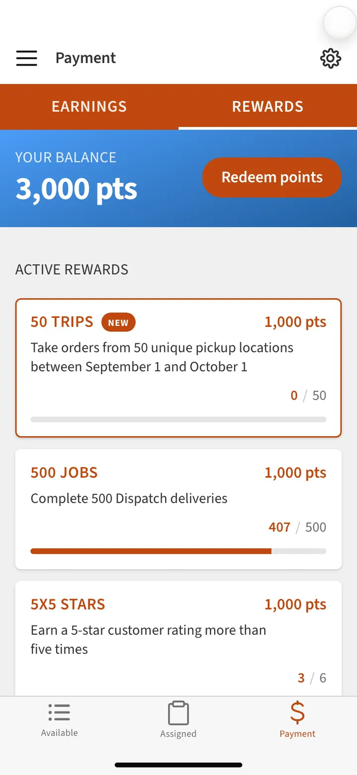 Dispatch rewards tab with a 3,000-point balance and active reward challenges below a redeem points button