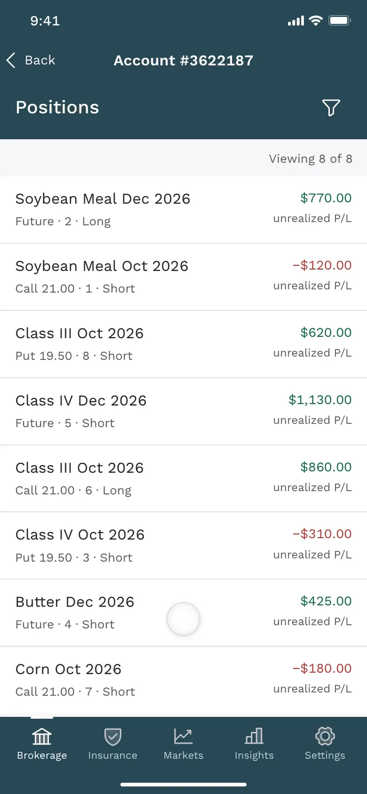 Ever.Ag brokerage account on a phone with balances above open positions and recent transactions