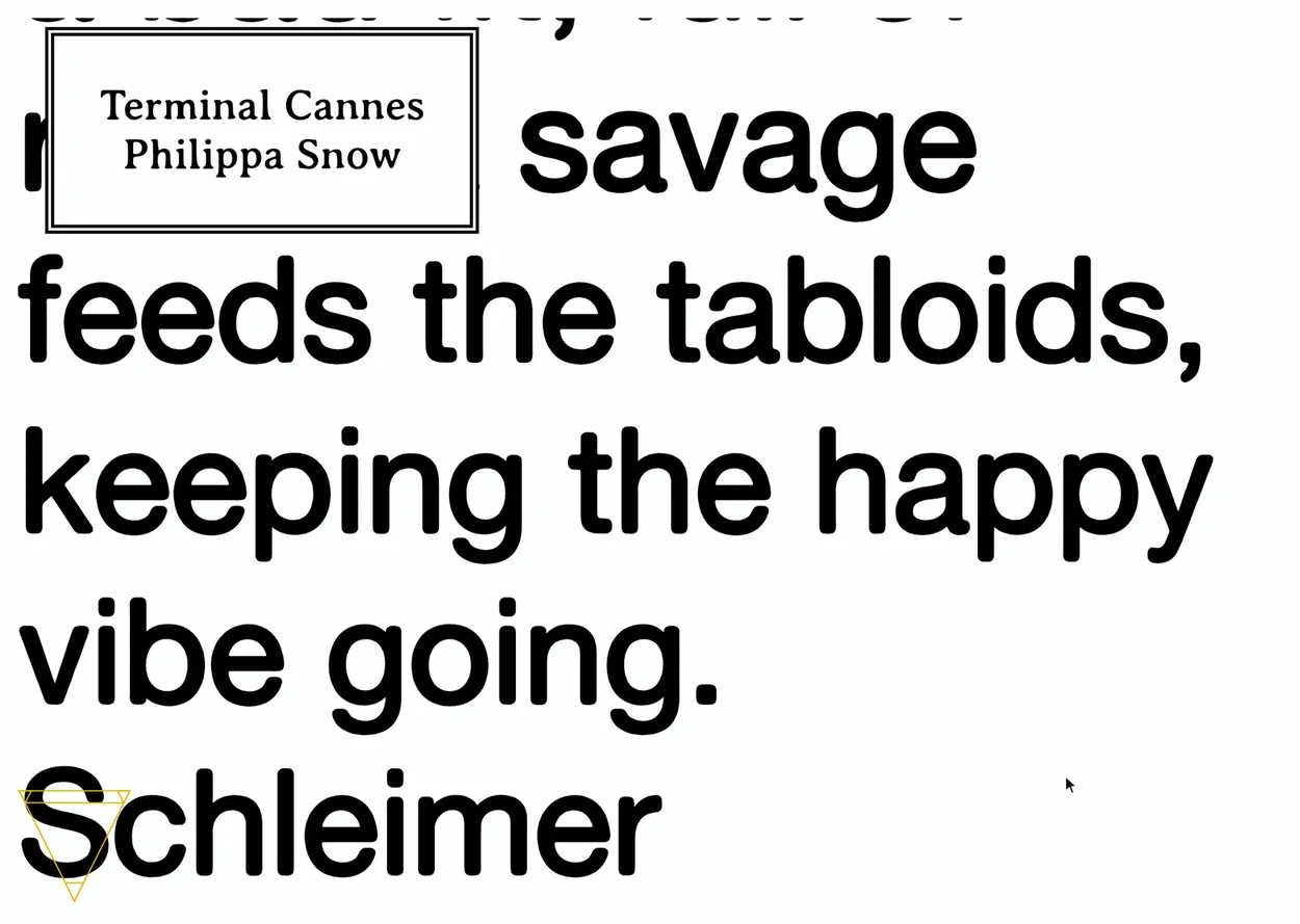 Ichnos Terminal Cannes on desktop, with huge black type reading feeds the tabloids, keeping the happy vibe going behind a small column of essay text