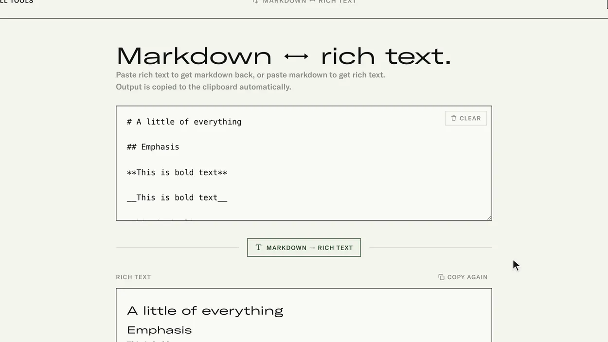 Markdown to rich text converter, with Markdown in the input pane above its formatted result