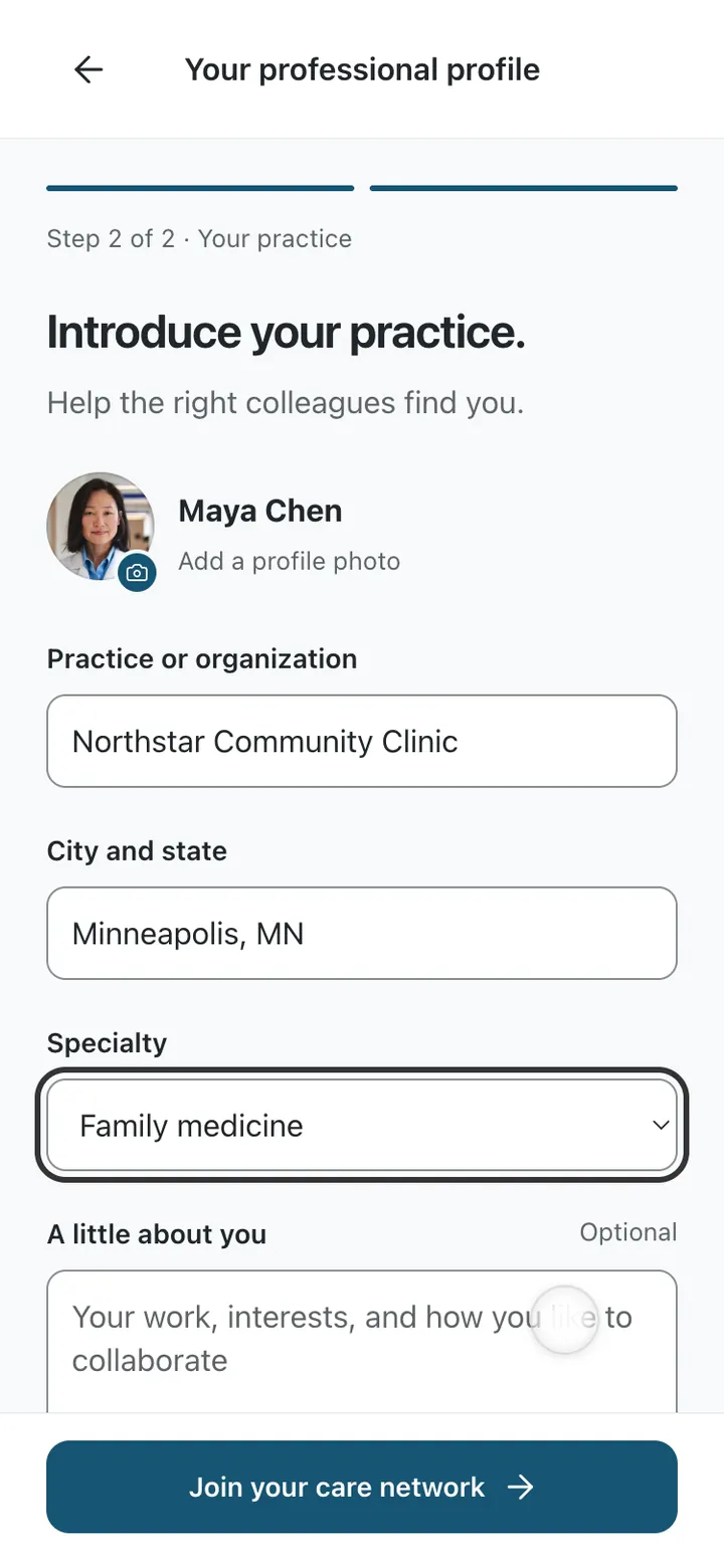 SophConnect sign-up on a phone, on its second step introducing the practice