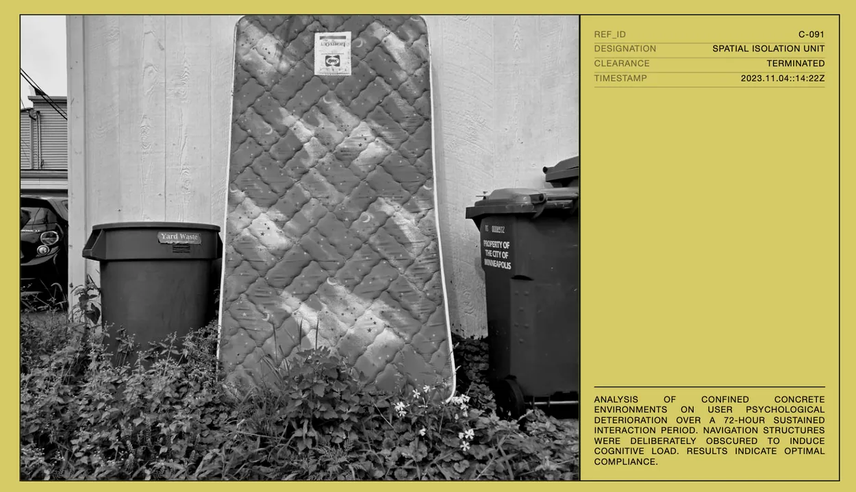 A yellow dossier with a grayscale photo of a mattress dumped by a graffitied wall, beside its case report and an index of four cases