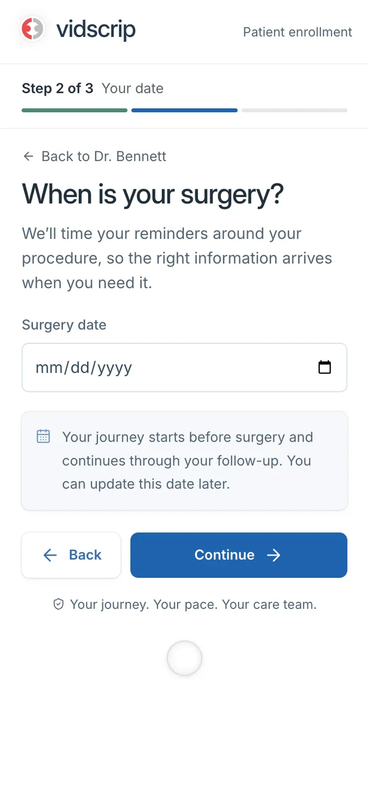 Vidscrip enrollment on a phone, on its last step asking how the patient wants to hear about videos and reminders
