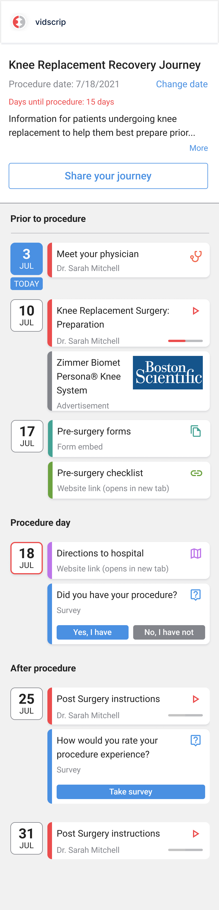 Journey hub with procedure date, days-until countdown, share action, and the prior-to-procedure moments