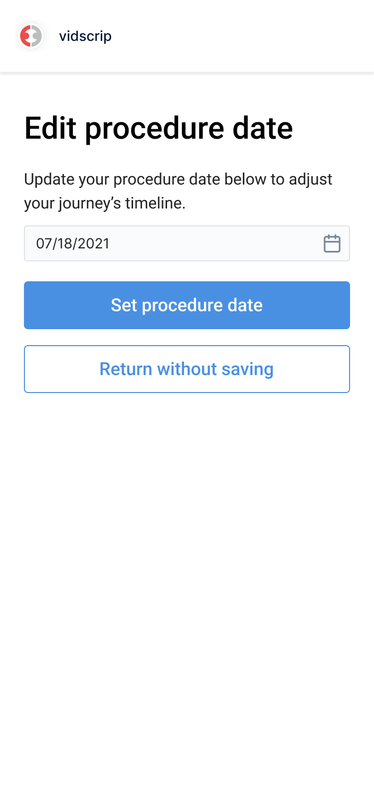 Edit procedure date form with date input, set procedure date action, and return without saving action
