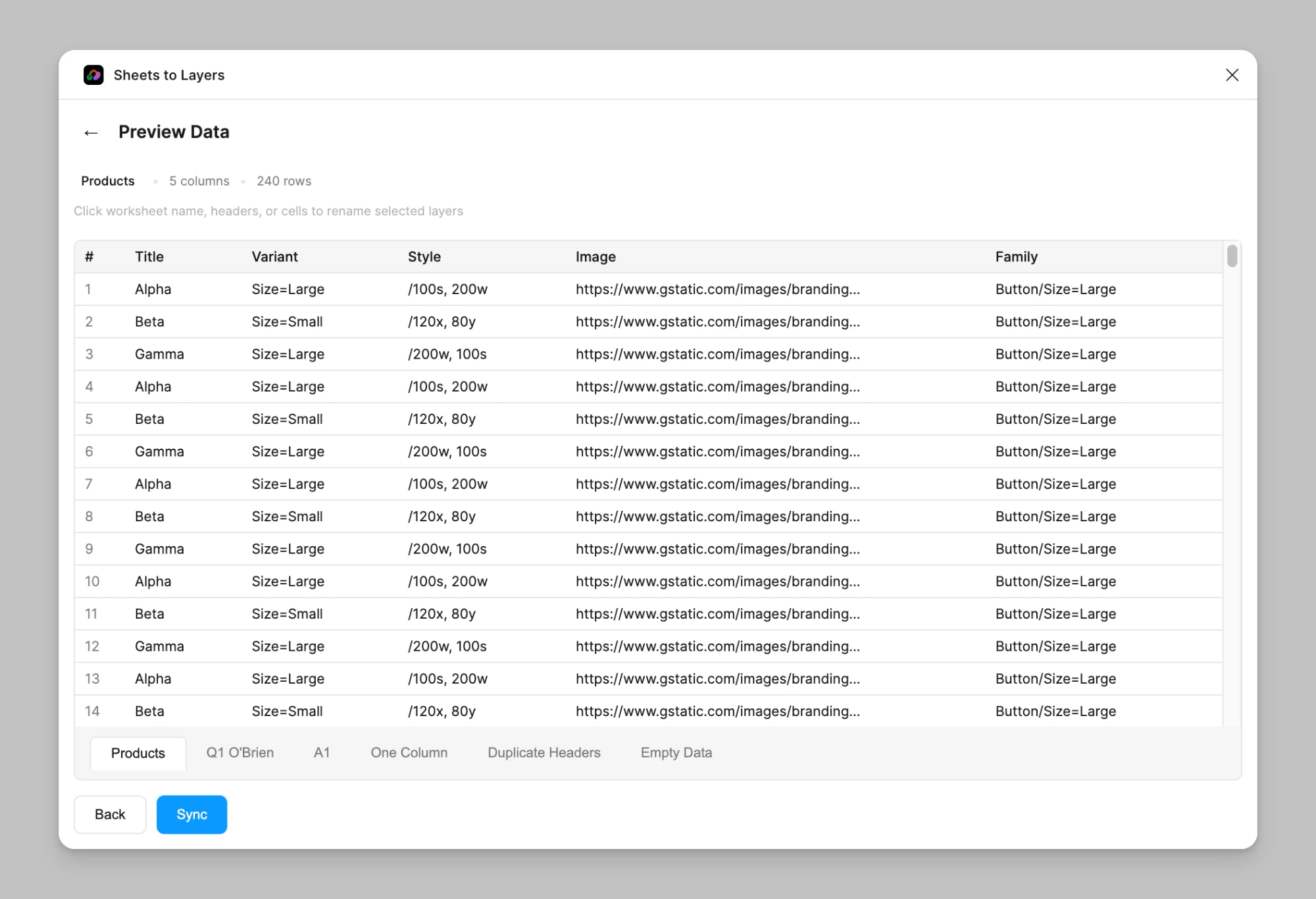 Preview Data for the Products worksheet, five columns and 240 rows of titles, variants, styles, image links and component names, with tabs for Q1 O’Brien, A1, One Column, Duplicate Headers and Empty Data