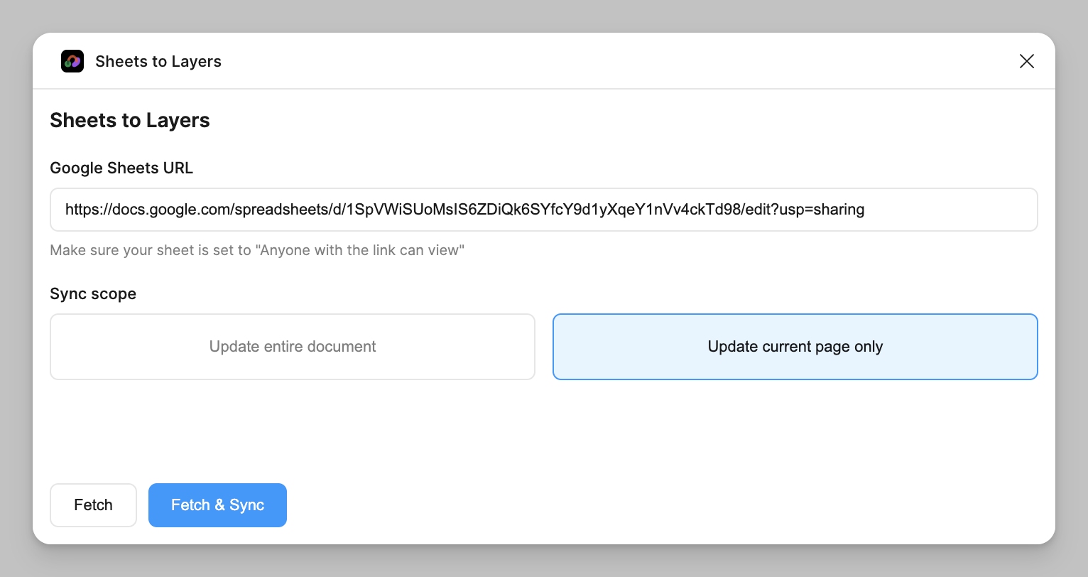 Sheets to Layers with a Google Sheets link pasted in, the option to update the current page only selected, and Fetch and Fetch & Sync buttons